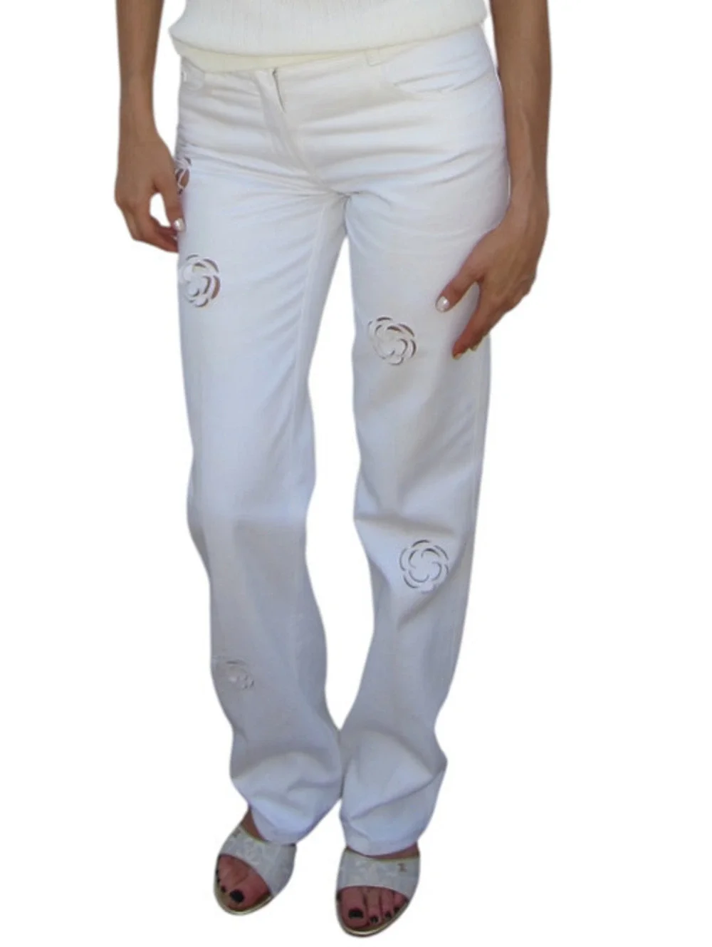 Chanel White Camellia Floral Accent Jeans